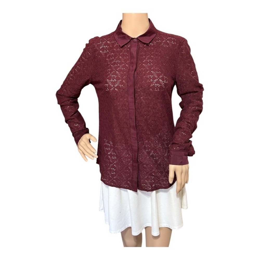 LOFT Women's Lace Button-Up Top Blouse S Burgundy Long Sleeve Classic Elegant